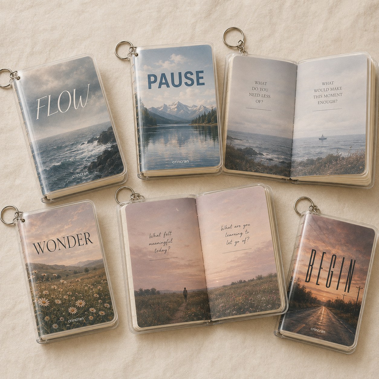 life noteキーホルダーの表紙一覧。FLOW、PAUSE、WONDER、BEGINのタイトルと風景が並ぶ
