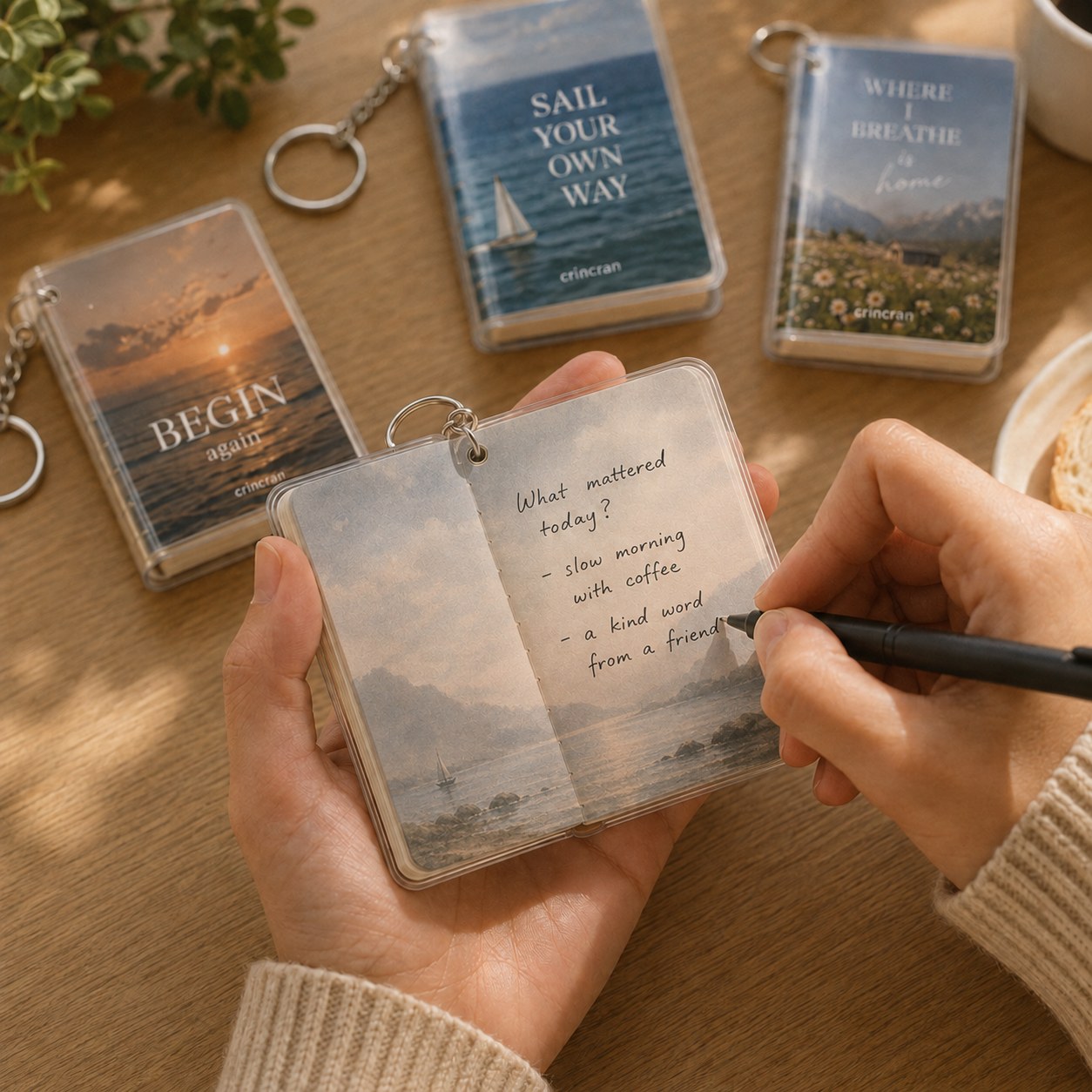キーホルダーノートに書き込む手元。BEGIN again、SAIL YOUR OWN WAY、WHERE I BREATHE is homeの表紙が机に並ぶ